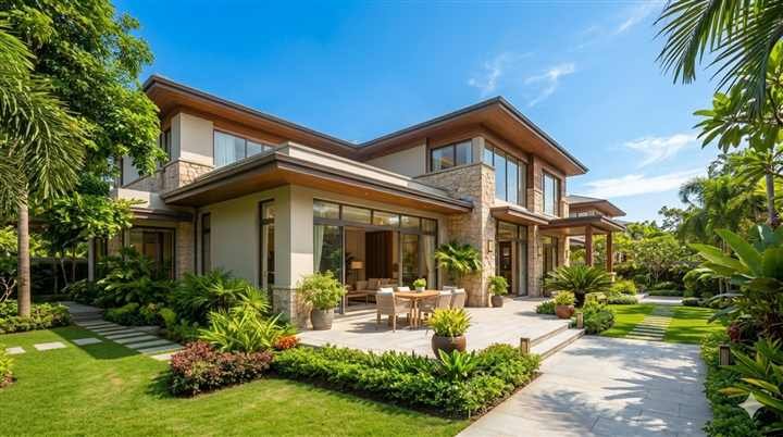 Luxury home exterior with landscaped garden